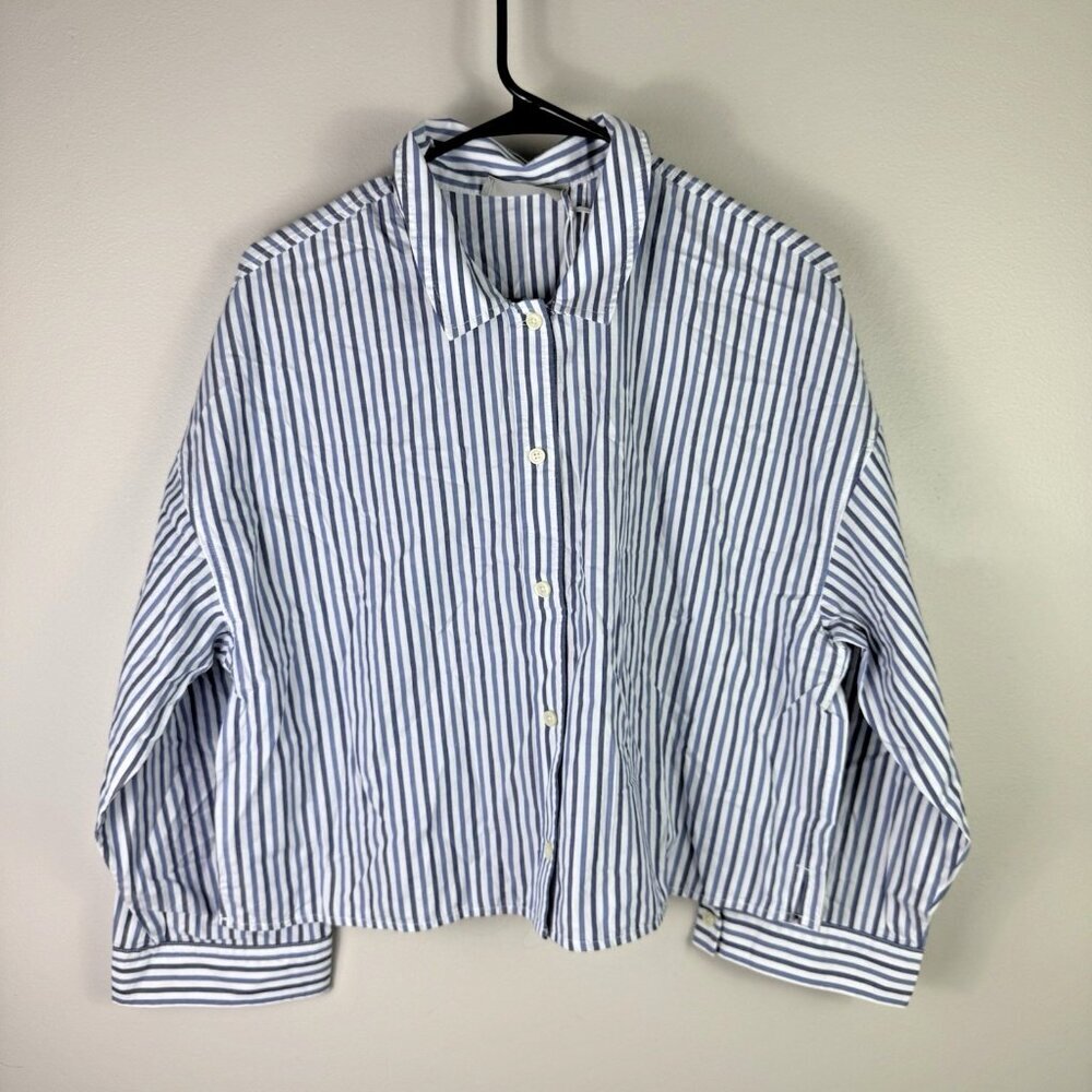 Everlane PJ Cotton Shirt Blue White Stripe Cropped Button Down Top Medium - Picture 2 of 9
